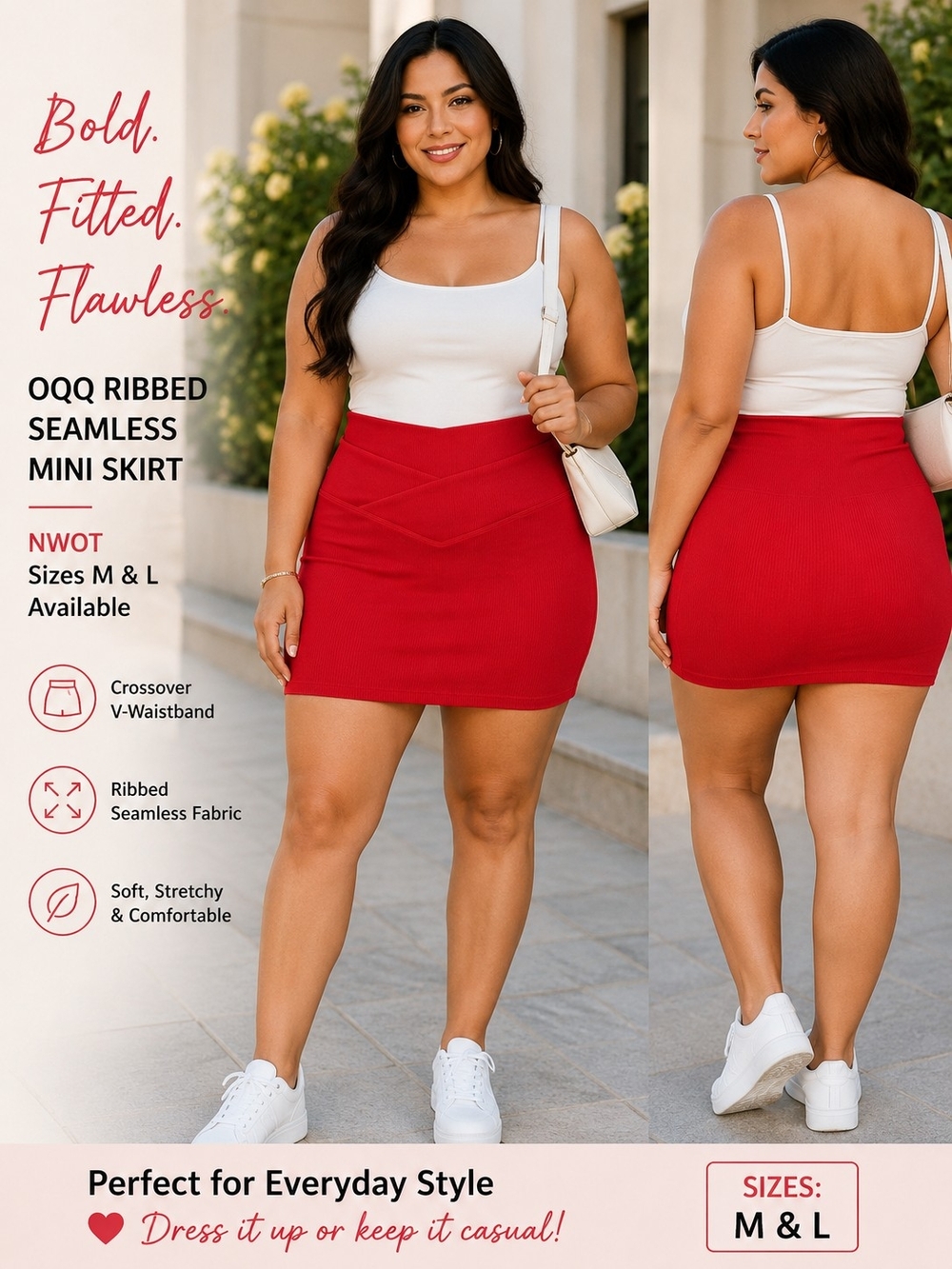 OQQ Ribbed Seamless Crossover Waist Mini Skirt Red NWOT